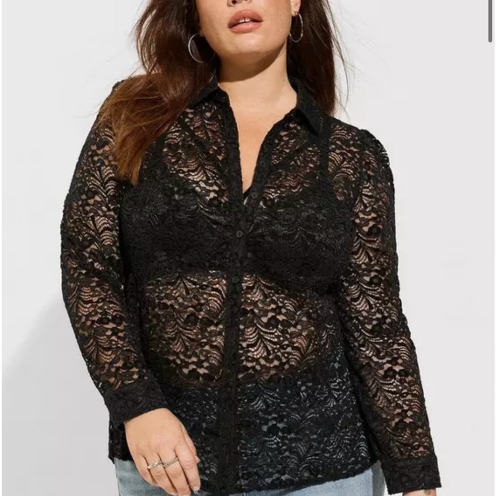 Torrid Black Lace Button-Up Blouse